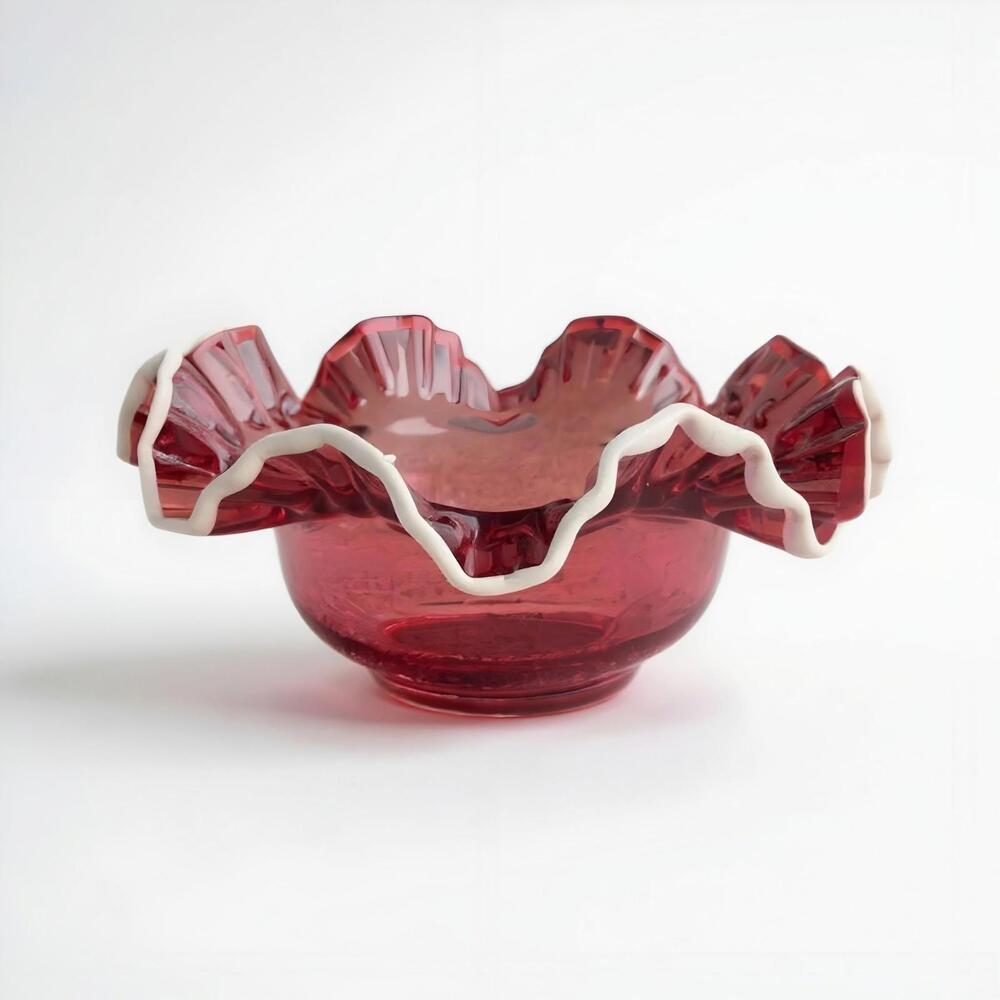 Vintage Fenton Cranberry Snow Crest Art Glass Ruffled Bowl 8”